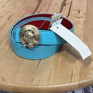 Talbots Reversible Leather Belt Turquoise Red Gold Bee Buckle Womens L